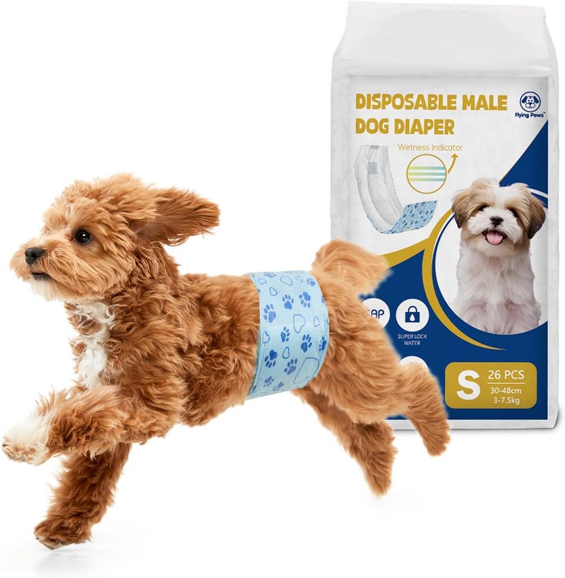 Flying Paws Male Dog Diapers with Wetness Indicator, Disposable Belly Band for Puppy Male Diapers, Doggie Wraps for Puppy Training, Incontinence (S, 26 Count) - Image 1